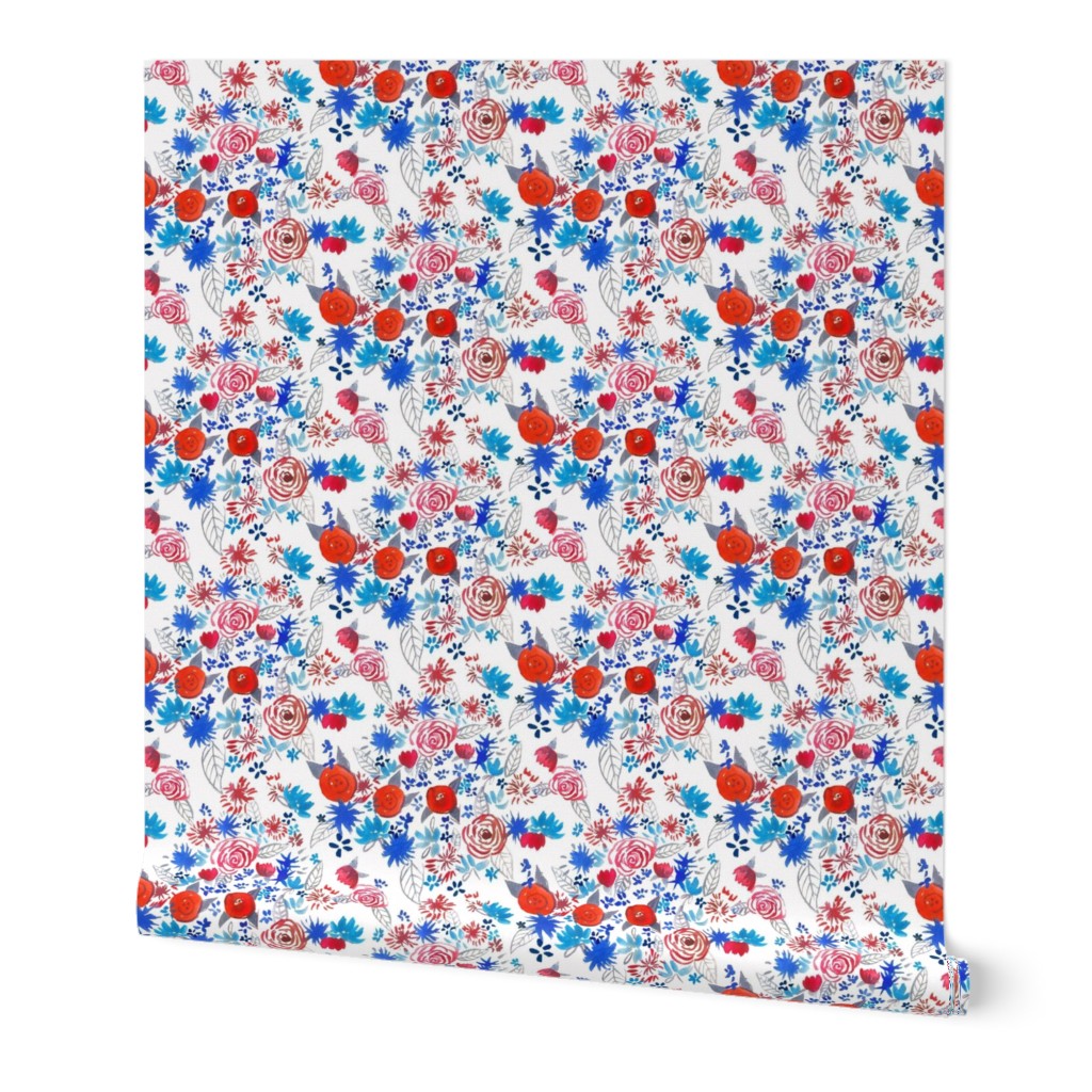 Patriotic Red, White,  Blue Watercolor Floral (Small Scale)