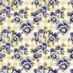 Vintage Pansy clusters on yellow gingham | violet and yellow