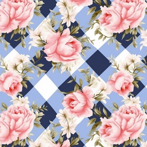 Vintage Pink Roses on Blue Buffalo Check