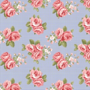 Vintage Roses on diffuse Gingham checks | Pink & Blue