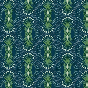 Magical abstract foliage bursts -  Kelly green on Prussian blue - coordinate for Magical Meadow Collection - large