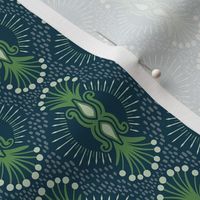 Magical abstract foliage bursts -  Kelly green on Prussian blue - coordinate for Magical Meadow Collection - small