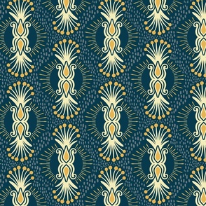 Magical abstract foliage bursts -  butter, slate and sunray yellow on Prussian blue - coordinate for Magical Meadow Collection - large