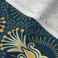 Magical abstract foliage bursts -  butter, slate and sunray yellow on Prussian blue - coordinate for Magical Meadow Collection -medium