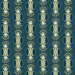 Magical abstract foliage bursts -  butter, slate and sunray yellow on Prussian blue - coordinate for Magical Meadow Collection -medium