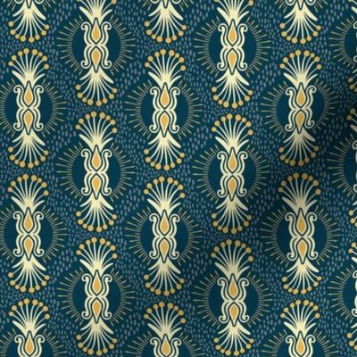 Magical abstract foliage bursts -  butter, slate and sunray yellow on Prussian blue - coordinate for Magical Meadow Collection - small