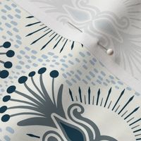 Magical abstract foliage bursts - Prussian blue, slate and fog on natural - coordinate for Magical Meadow Collection - medium