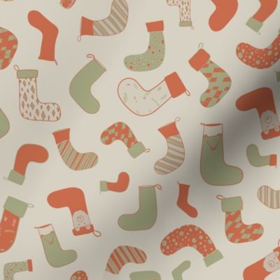 Christmas stockings red and green on eggshell white_ neutral pastel_ cute xmas holiday kids pattern