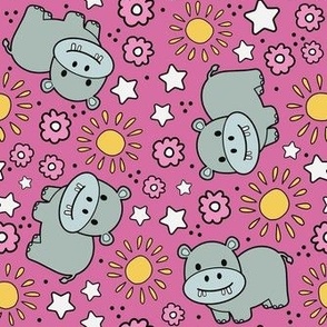 Medium Scale Hippos and Sunshine on Pink