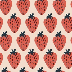 Illustrated Graphic Strawberries on Light Khaki with Navy Stems 
