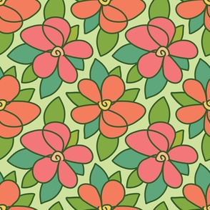 70s Retro Pink & Apricot Hand Drawn Flowers on Pastel Green
