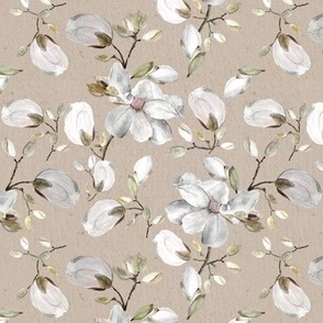 Small White flowers on beige / Floral botanical / watercolor