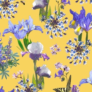 Blue Iris & Purple Wildflowers on Buttery Yellow