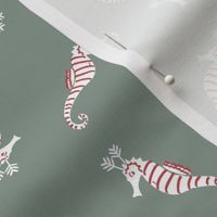 Cute Whimsical Candy Stripe Seahorse Reindeer Scatter -  Muted sage green,  white  and cranberry red stripe