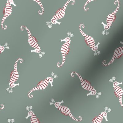 Cute Whimsical Candy Stripe Seahorse Reindeer Scatter -  Muted sage green,  white  and cranberry red stripe