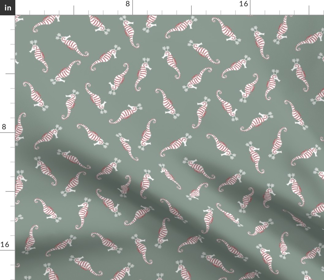 Cute Whimsical Candy Stripe Seahorse Reindeer Scatter -  Muted sage green,  white  and cranberry red stripe