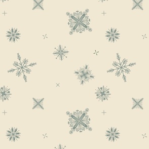 Delicate whimsical falling stars and snow - eggshell cream white and muted sage green