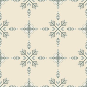 Intricate Hand Drawn Geometric Winter Snowflake Cross Check Grid - eggshell cream white and muted sage green