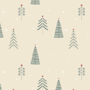 Whimsical Winter Woodland Trees Stars and Snowflakes - eggshell cream white and muted sage green