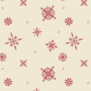 Delicate whimsical falling stars and snow - eggshell cream white and cranberry red