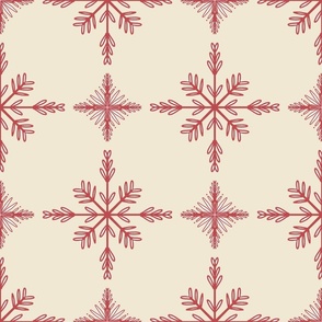 Intricate Hand Drawn Geometric Winter Snowflake Cross Check Grid - eggshell cream white cranberry red