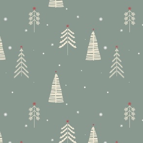 Whimsical Winter Woodland Trees Stars and Snowflakes -  festive muted sage green and cranberry red