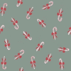 Holiday Sweet Candy Canes Ribbons and Bows  -  Muted Sage green and Cranberry Red