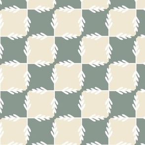 festive fall winter foliage filigree checkerboard  -   muted sage green and eggshell cream and white