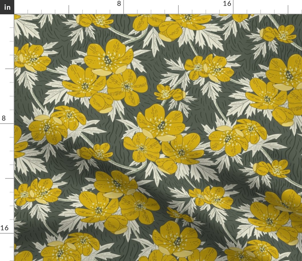 Cheerful Buttercups- Block print- Yellow Gold Dirty White on Ebony- Regular Scale