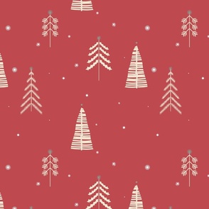 Whimsical Winter Woodland Trees Stars and Snowflakes -  festive cranberry red