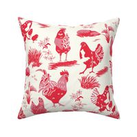 Chicken Toile- French Country Farm- Roosters Hen and Chicks on Pasture- Pink Red on Ivory- Large Scale