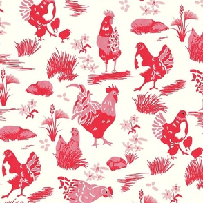 Chicken Toile- French Country Farm- Roosters Hen and Chicks on Pasture- Pink Red on Ivory- Large Scale