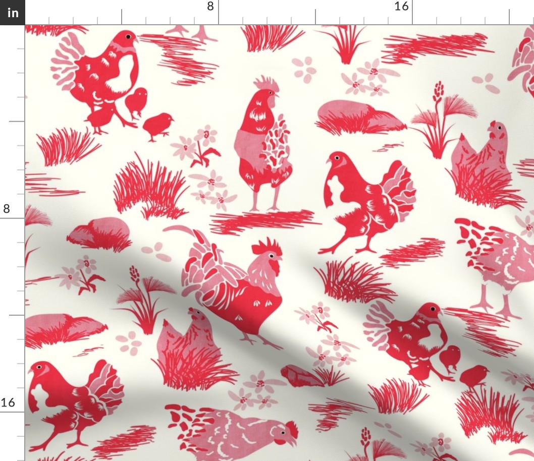 Chicken Toile- French Country Farm- Roosters Hen and Chicks on Pasture- Pink Red on Ivory- Large Scale