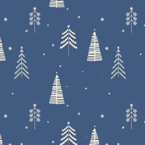 Whimsical Winter Woodland Trees Stars and Snowflakes - sapphire cobalt blue