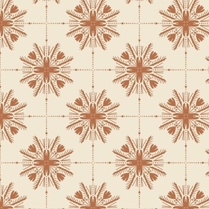 Intricate Hand Drawn Geometric Winter Star Wreath Tile - eggshell cream white and cinnamon ginger brown