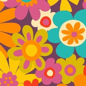 Retro Psychedelic Flowers - orange and red - fun retro pattern by Cecca Designs Large scale