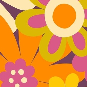 Retro Psychedelic Flowers - cream and pink - fun retro pattern by Cecca Designs Large scale