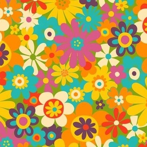 Retro Psychedelic Flowers - yellow and orange - fun retro pattern by Cecca Designs medium scale