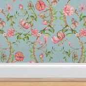 Antique Rococo Chinoiserie Flower Rose Exotic Trees  on blue- Marie Antoinette Chinoiserie inspired 36"" 