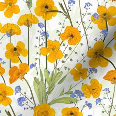 14" buttercups with friends - Midsummer Dried And Pressed Colorful Wildflowers Meadow , Dried Floral Fabric, Pressed Buttercup Flowers 