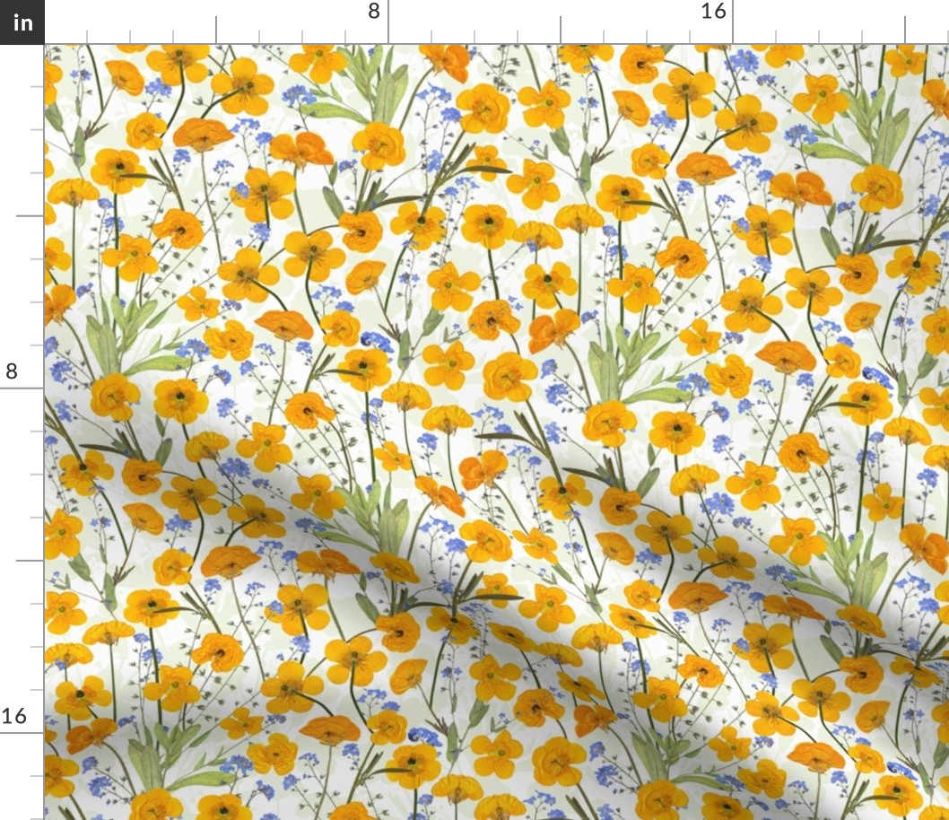 10" buttercups with friends - Midsummer Dried And Pressed Colorful Wildflowers Meadow , Dried Floral Fabric, Pressed Buttercup Flowers 