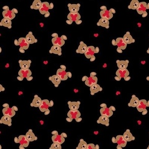 Cute teddybear with hearts - Valentine's Day tossed teddy bears love theme brown red on black