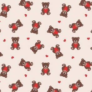 Cute teddybear with hearts - Valentine's Day tossed teddy bears love theme brown red on cream