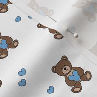 Valentine teddybear holding hearts - Valentine's Day kids Teddy Bear with hearts love design brown blue on white baby blue