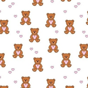 Valentine teddybear holding hearts - Valentine's Day kids Teddy Bear with hearts love design caramel brown orange pink on white girls palette