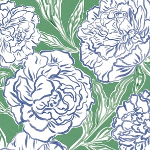 Large (Jumbo size) - Painted peonies - blue and green - blue peony flowers - painted floral - artistic blue and green painterly floral fabric - spring garden preppy floral - girls summer dress bedding wallpaper
