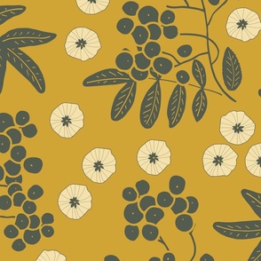 (XL) charcoal grey rowan berries with leaves and flax yellow flowers on goldenrod yellow