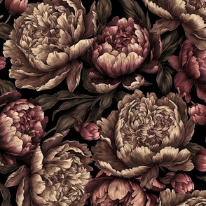 Vintage Victorian Mystic Dark Romanticism: Baroque Moody Florals - Antique Roses Peonies and Nostalgic Gothic Mystic Night Wallpaper - warm sepia