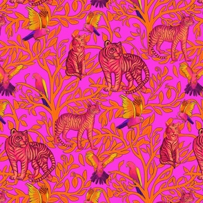 pink tigers and king parrots in an orange jungle