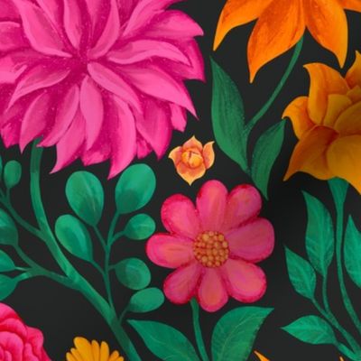Hot pink and Orange flowers with deep green leaves on a black background